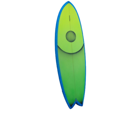fish surfboard with custom green and blue airbrush art.